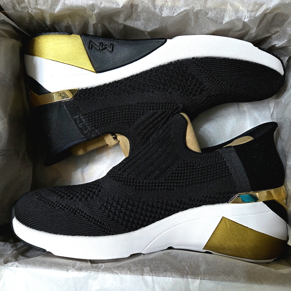 Skechers x Mark Nason Black & Gold Wedge Crescent Women's Slip-On Sneakers, 7.5